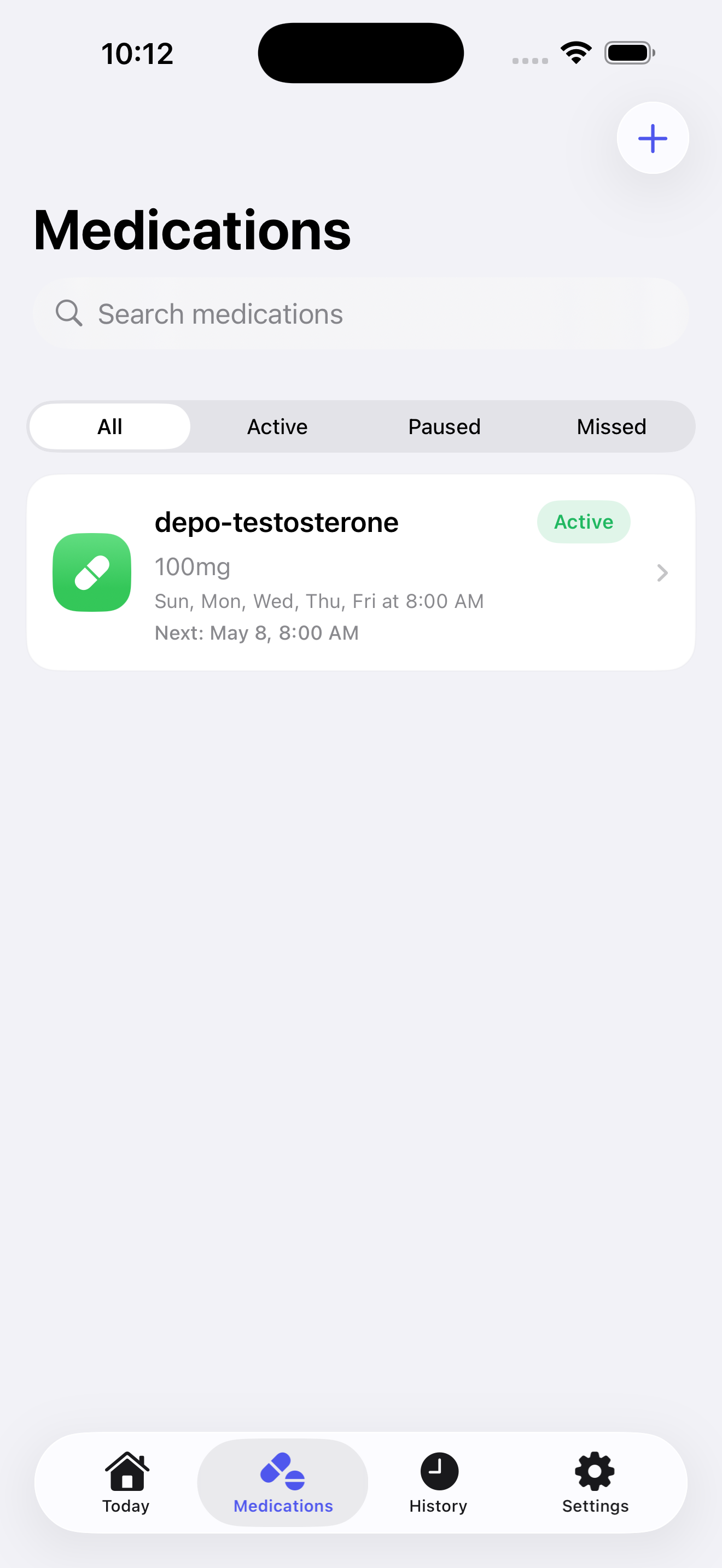 Medications view with search and medication status